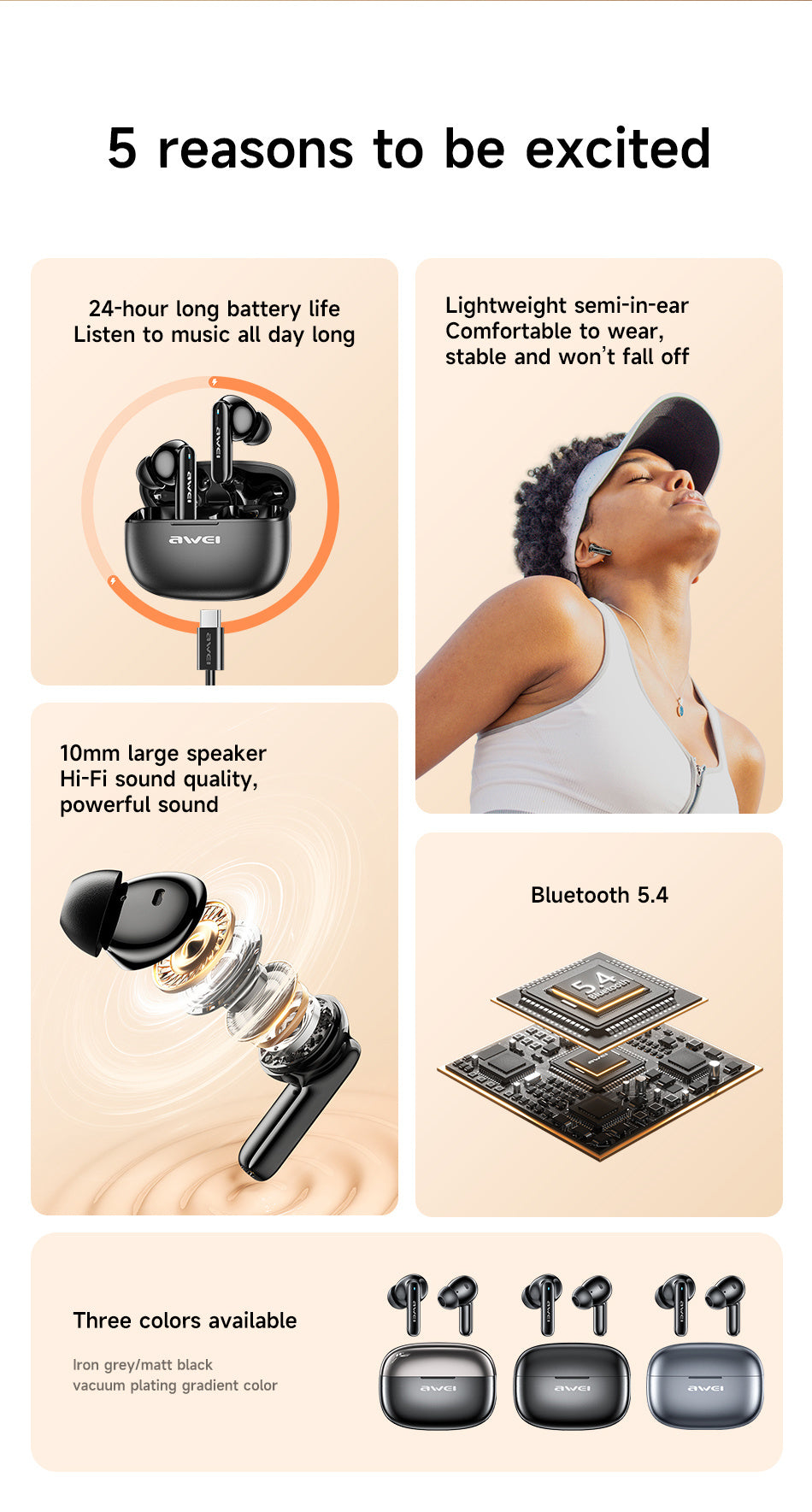 AWEI True Wireless Bluetooth Earphones – Sport Fit, Deep Bass, Touch Control, Waterproof